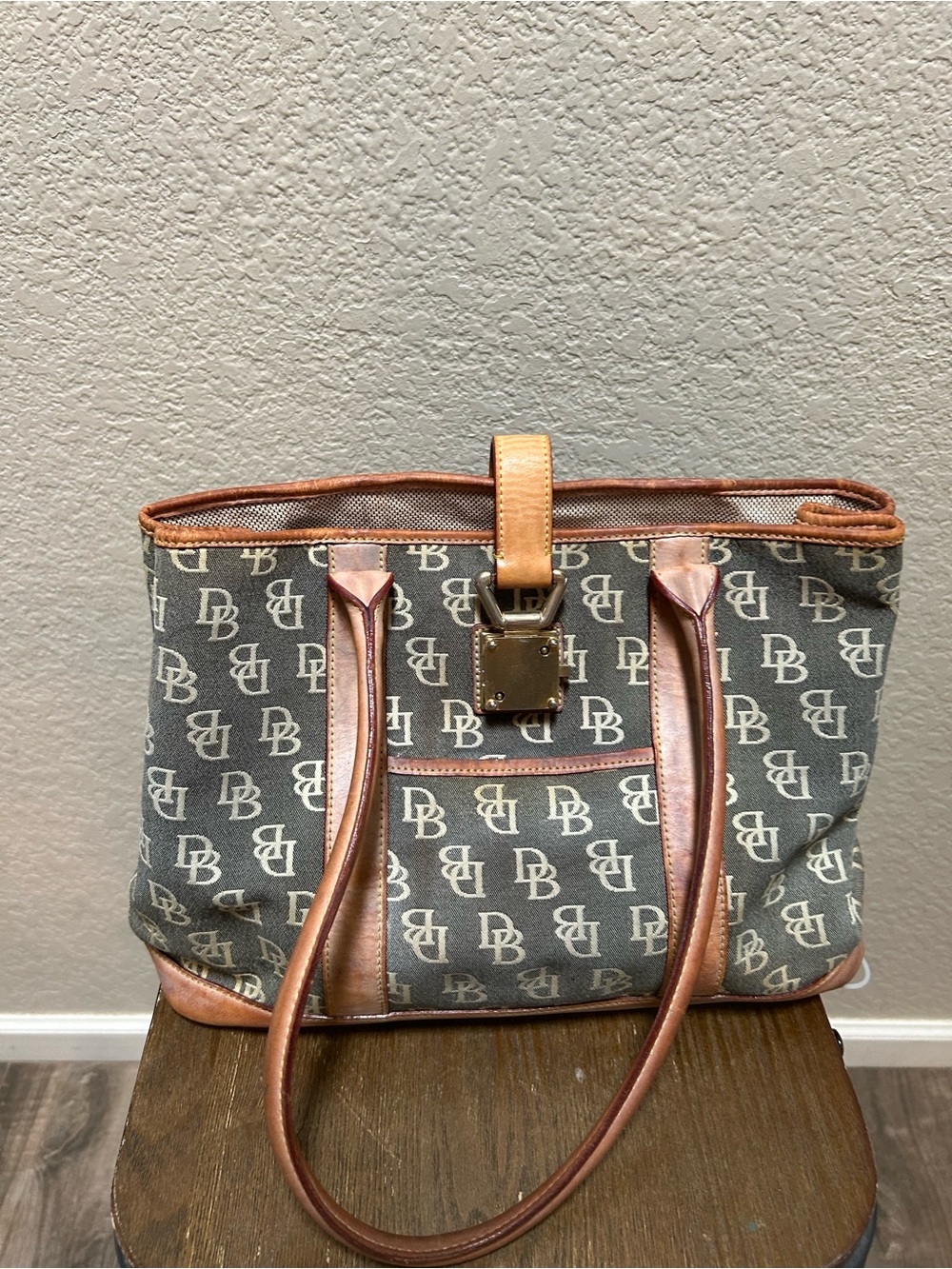 Vintage Dooney & Bourke Signature Monogram Lock Tote Bag - Flawed